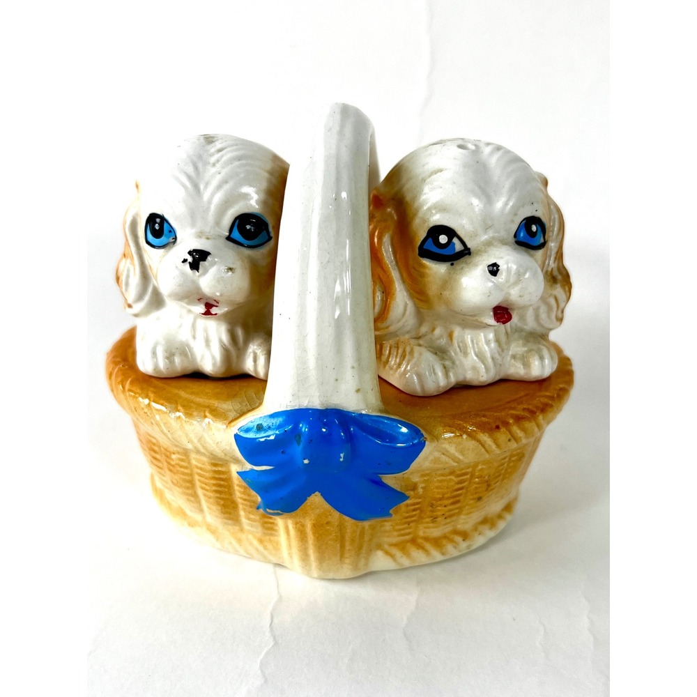 Vintage Ceramic Puppy Dogs in Basket Salt and Pepper Shaker Set Blue Bow